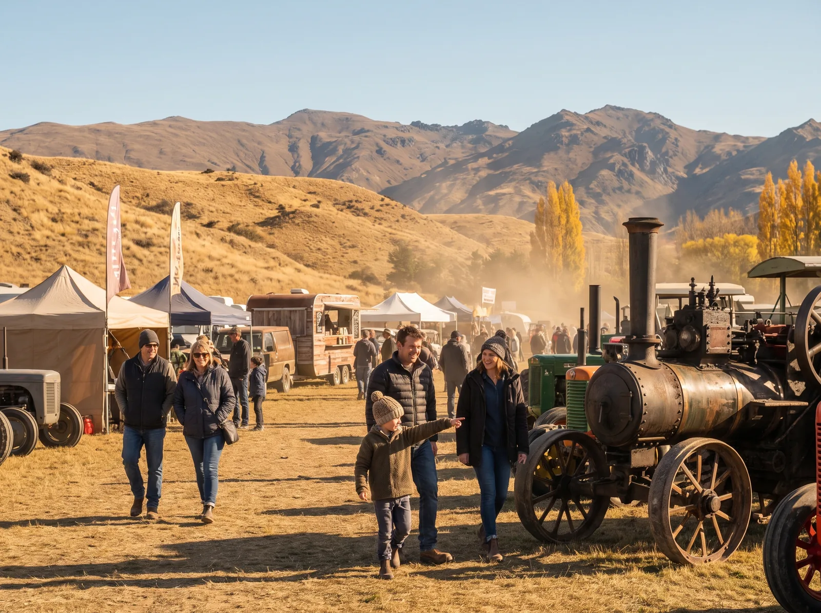A family crowd walking among the machinery