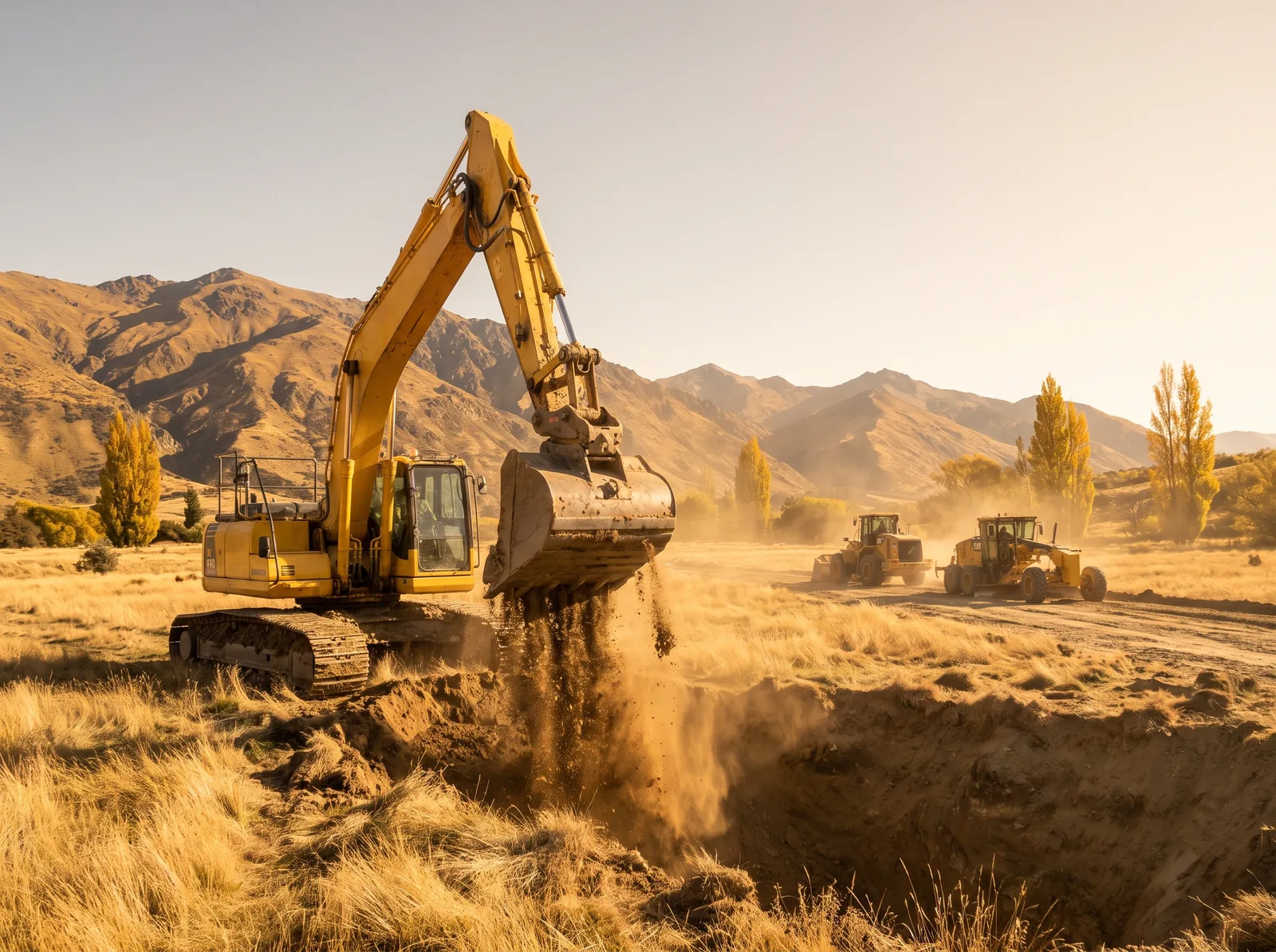 A modern excavator digging in a pit