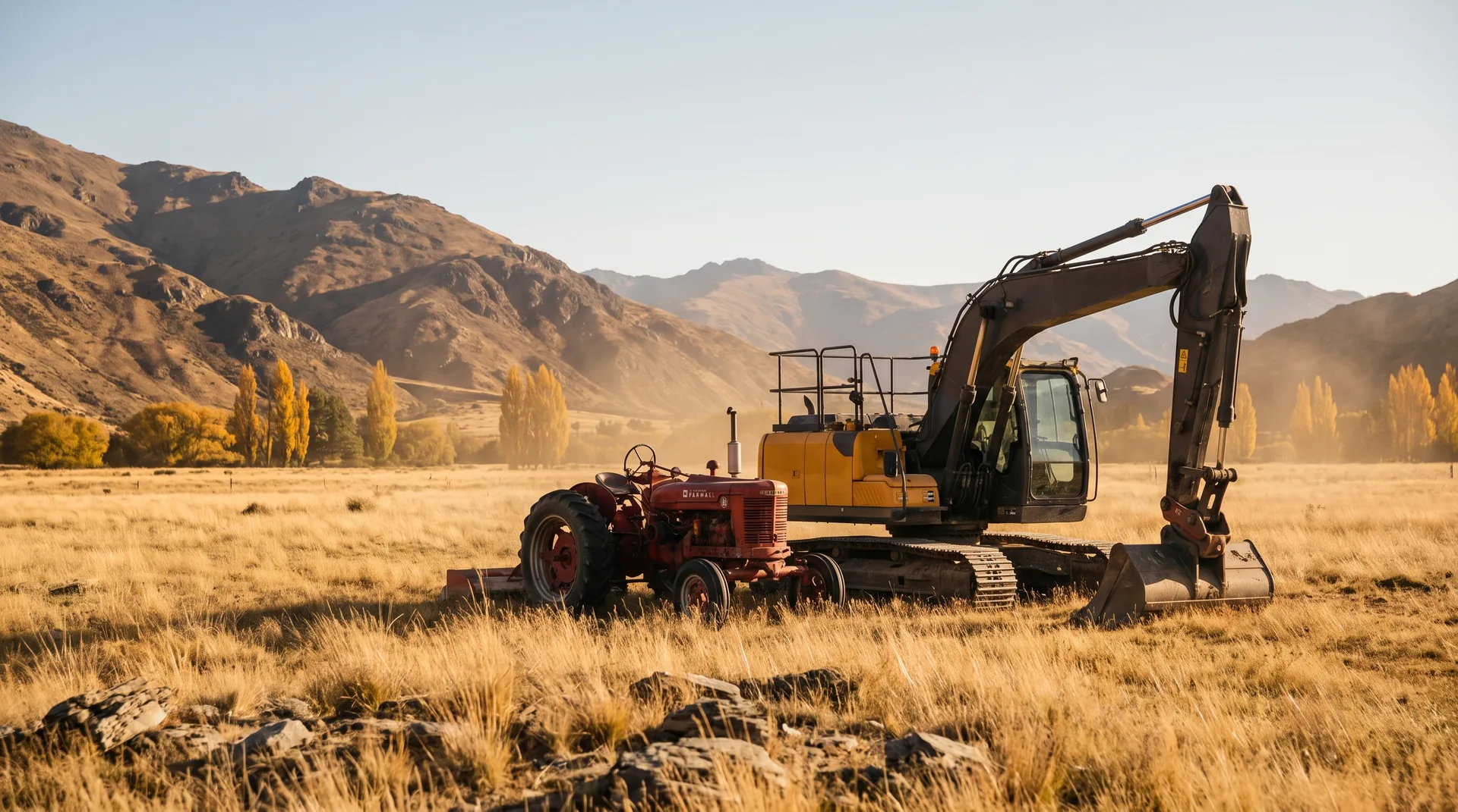 A vintage tractor beside a modern excavator in the tussock