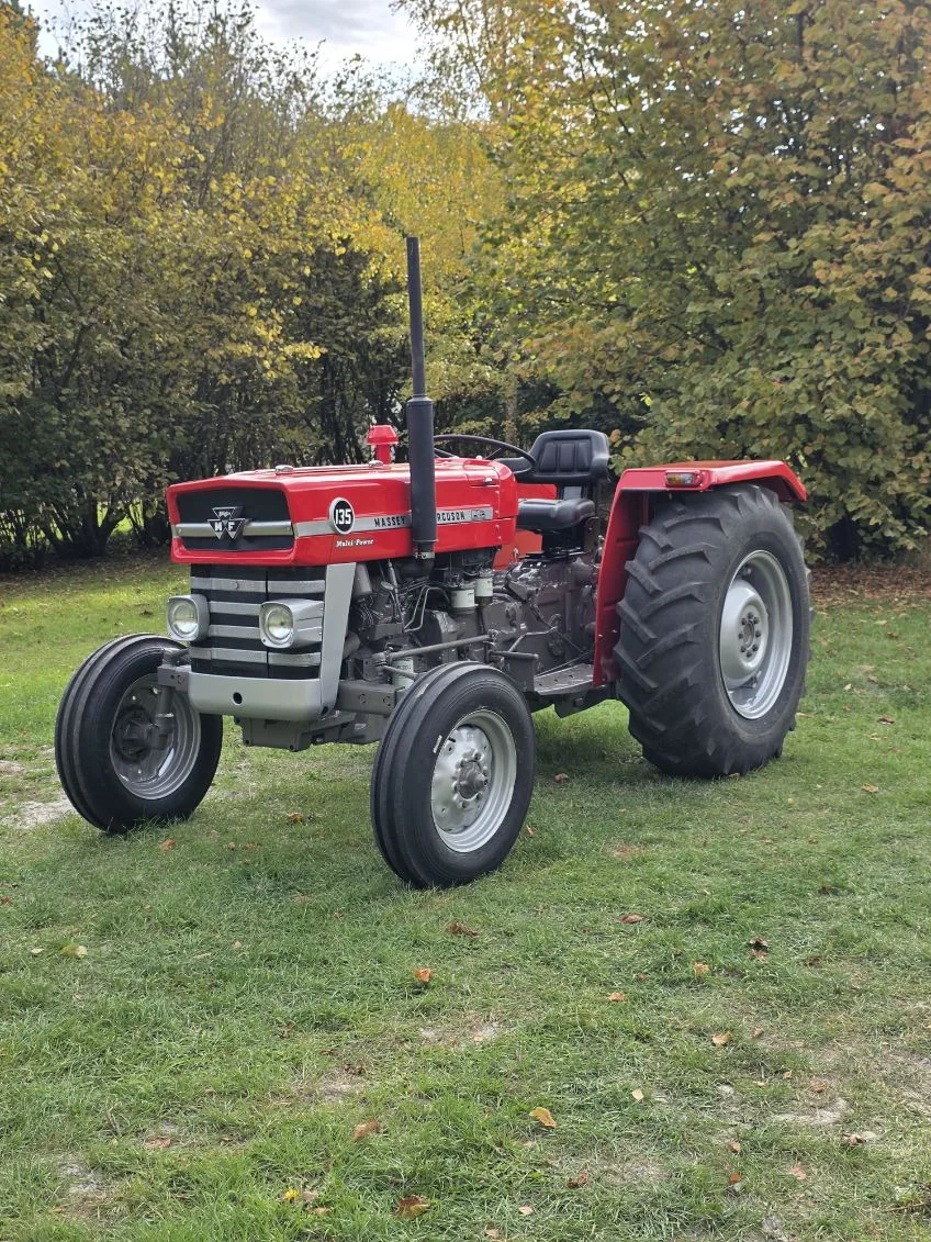 A restored Massey Ferguson 135 Multi-Power tractor parked on grass in front of autumn trees