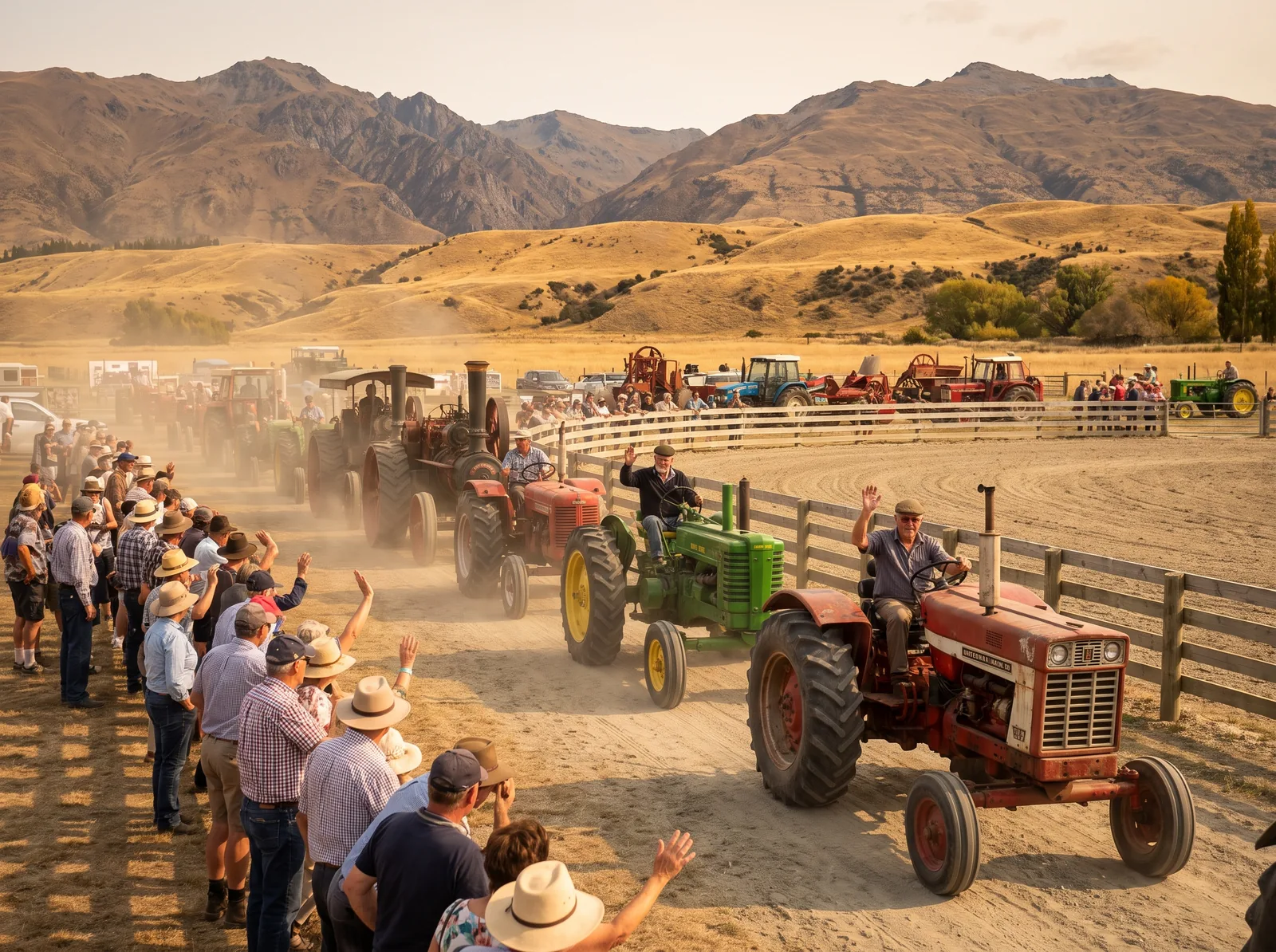 The grand parade of vintage tractors rolling past the crowd
