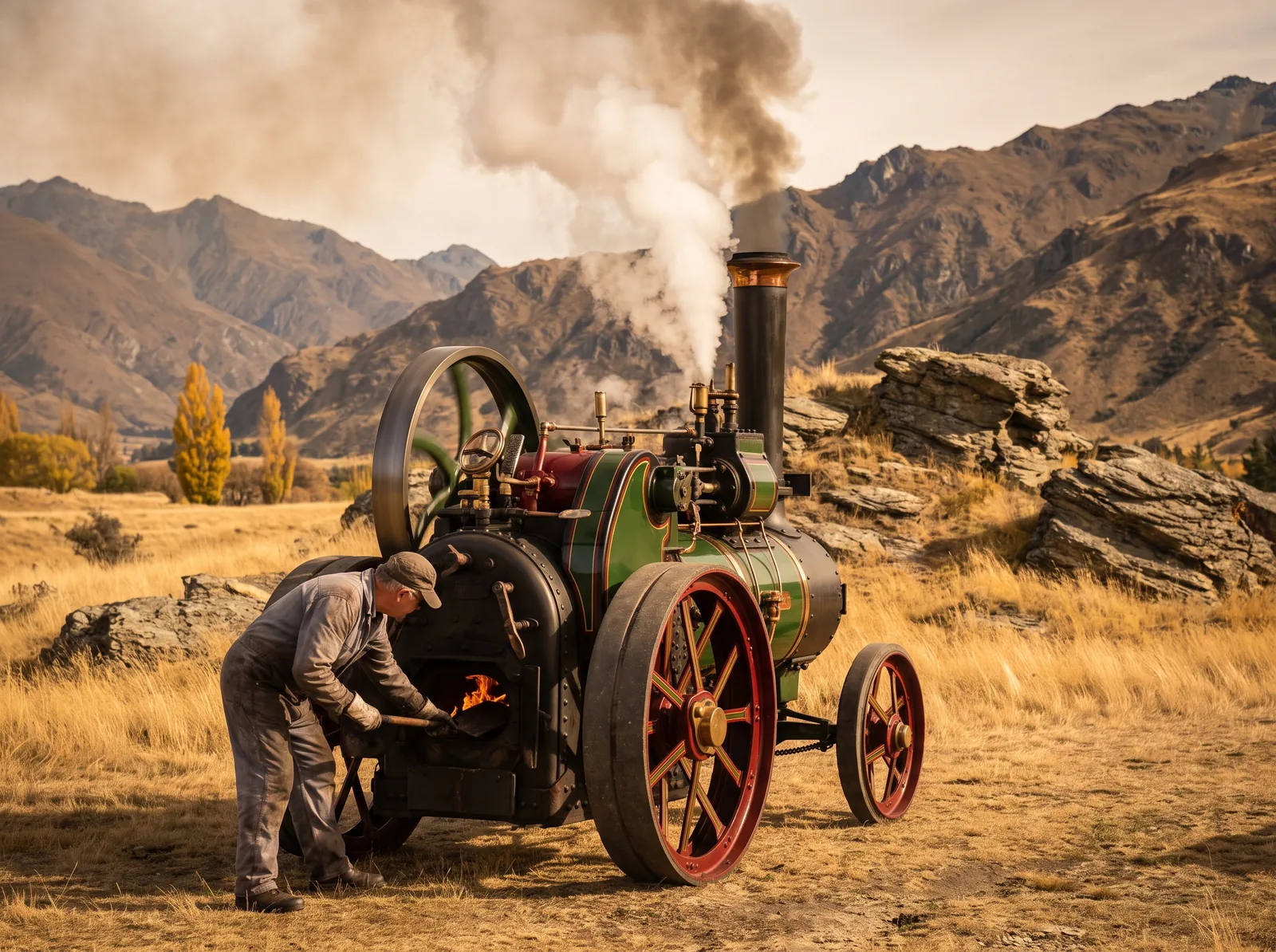 A vintage steam traction engine in full steam