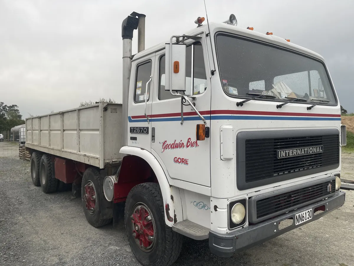A white International eight wheeler tipper signwritten Goodwin Bros of Gore