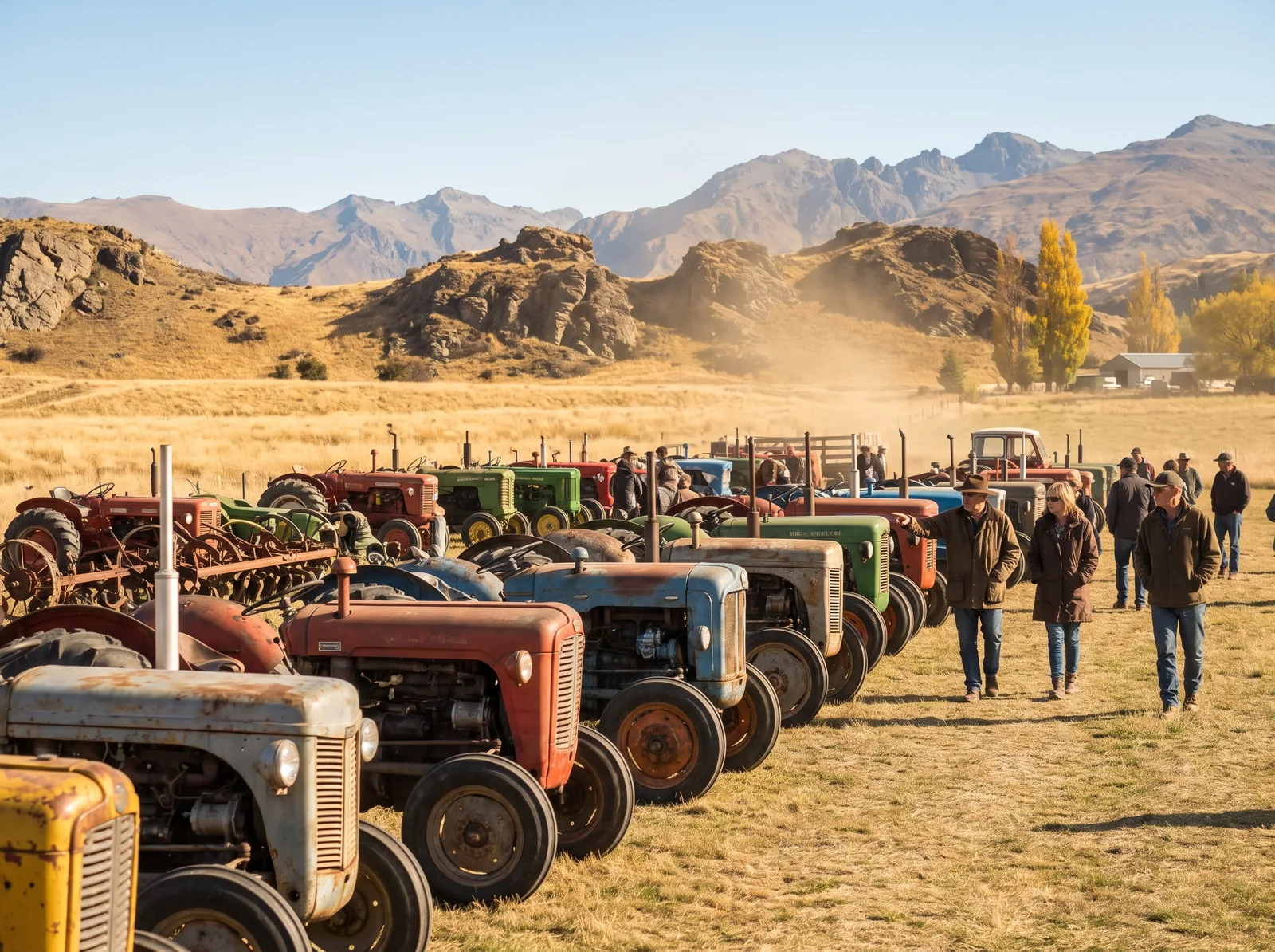 A display line of vintage tractors and steel-wheeled machinery