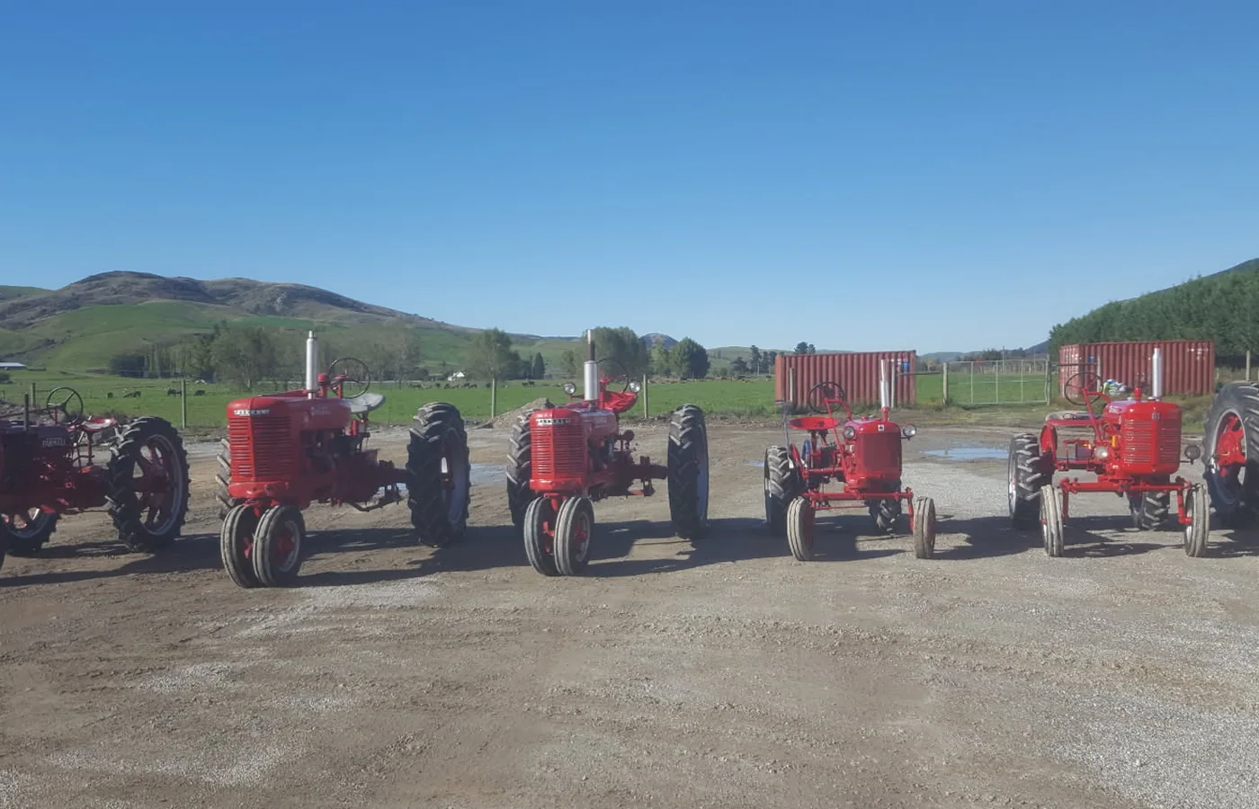 Six restored red Farmall tractors lined up on gravel with Central Otago hills behind
