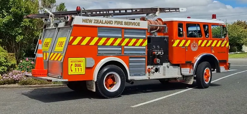 A 1981 International ACCO fire engine in New Zealand Fire Service colours