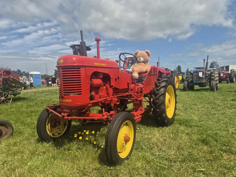 A red Massey-Harris Pony with yellow wheels at a vintage machinery rally