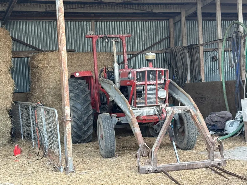 A Massey Ferguson 188 with a front loader in a hay shed