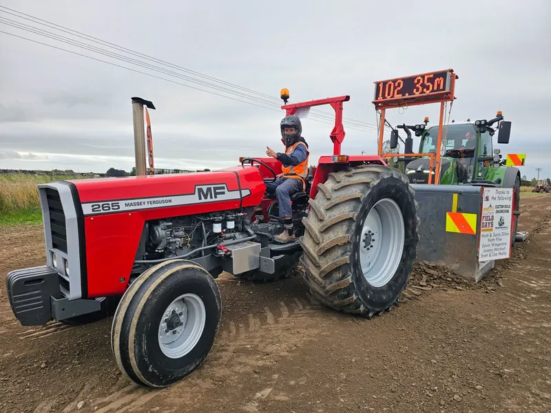 A Massey Ferguson 265 hooked to a pull sled, the driver giving a thumbs up
