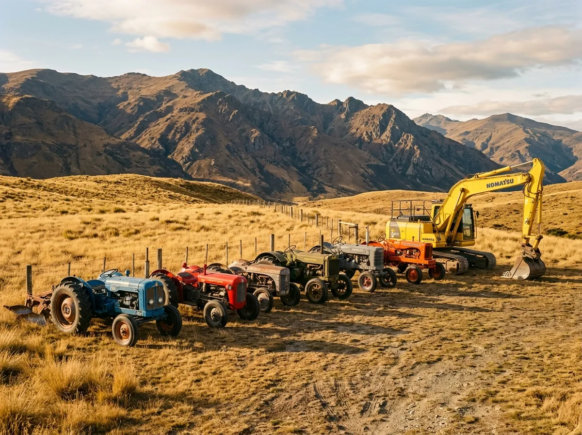 Vintage tractors and a modern excavator lined up in Central Otago