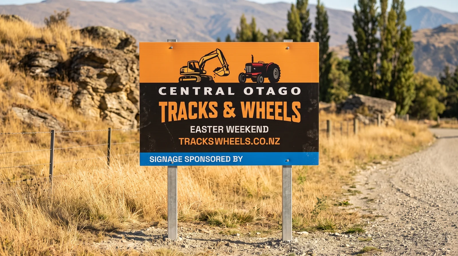 A Central Otago Tracks & Wheels road sign on waratah posts beside a gravel road, with tussock, schist and the Central Otago hills behind it. A blue strip along the bottom reads Signage Sponsored By.