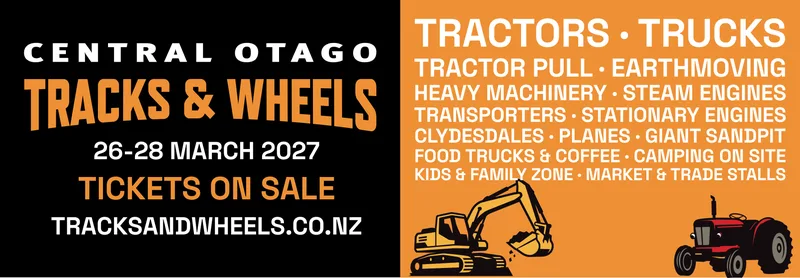 Wide banner listing the full line-up: tractors, trucks, tractor pull, earthmoving, steam engines, Clydesdales, planes and more.