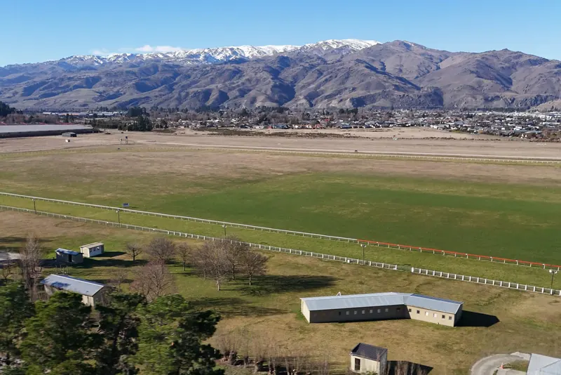 Cromwell Racecourse, venue for Central Otago Tracks & Wheels, Easter 2027, with the Pisa Range behind.