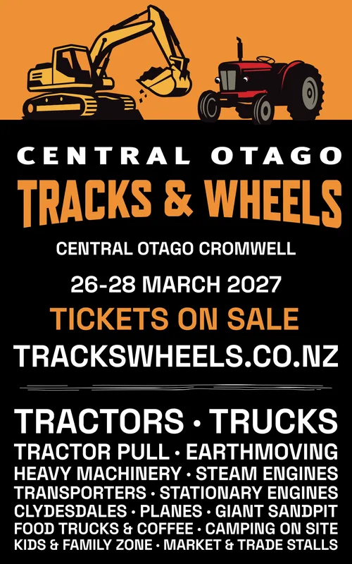 Central Otago Tracks & Wheels event poster (portrait). Tickets on sale, 26 to 28 March 2027, Cromwell.