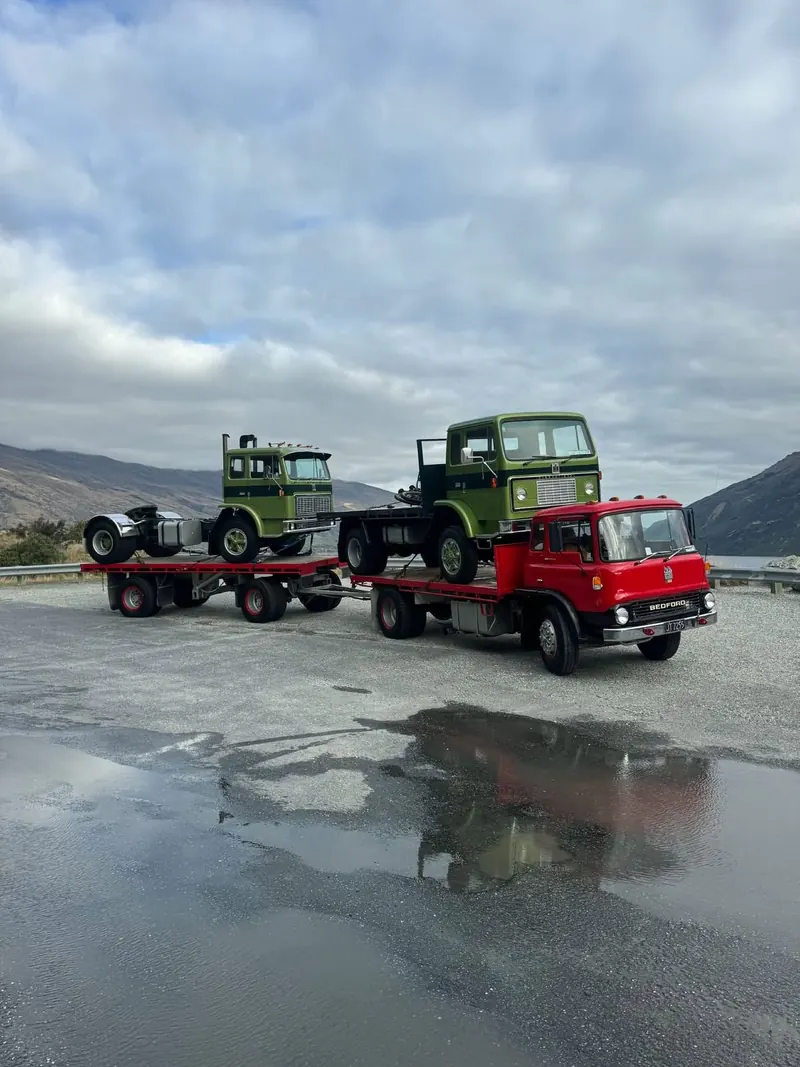 Restored classic trucks on the move in Central Otago.